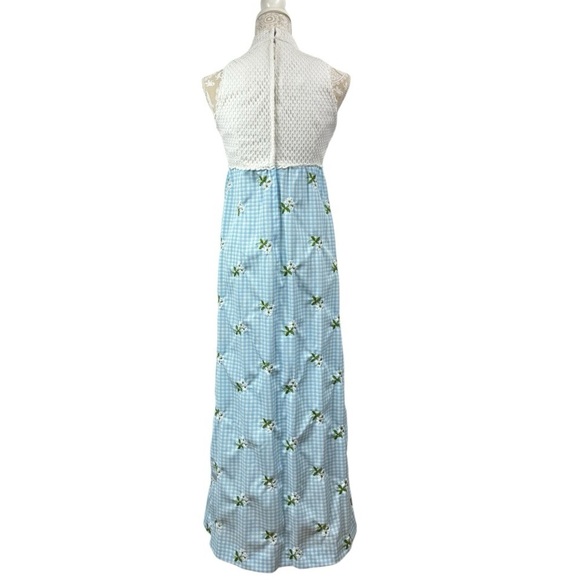 Vintage 70s Size Small Blue Gingham High Neck Sleeveless Maxi Dress Embroidered - Picture 2 of 9
